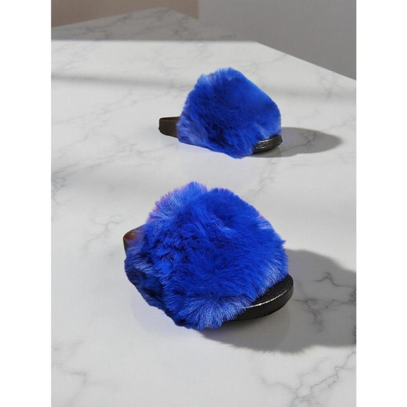 H2K Women's Size 7 Blue Fluffy Slide Slippers Soft Faux Fur Comfort - Picture 3 of 7